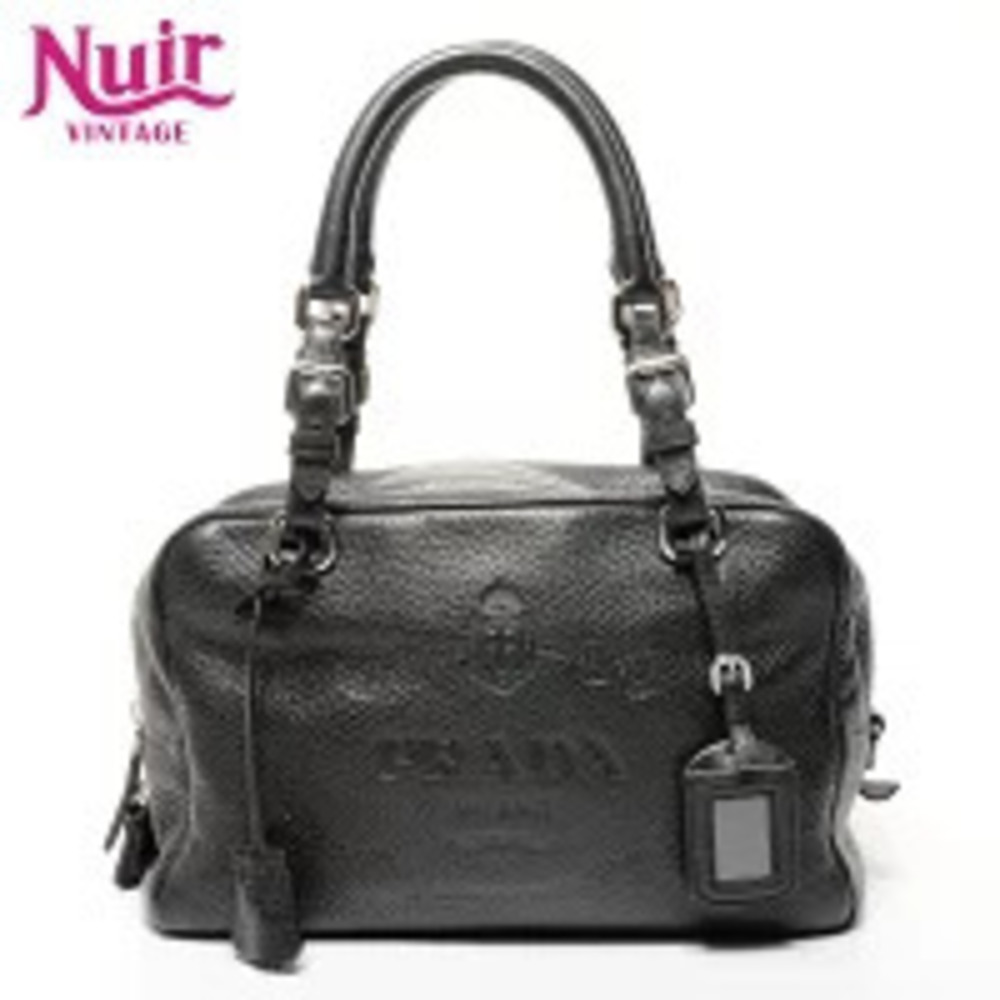 Prada logo embossed Boston Vitello Daino shoulder bag black